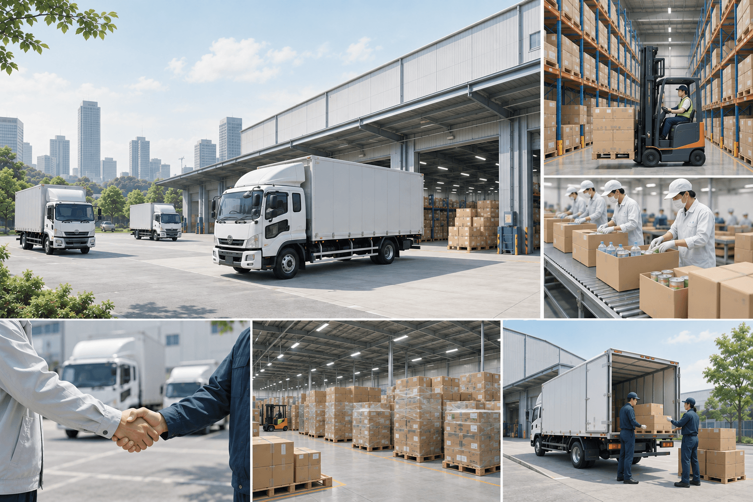 防災備蓄品を運ぶトラック、倉庫での保管・フォークリフト荷役、加工・梱包作業、協力業者との連携を表した、倉庫・物流体制のイメージ。